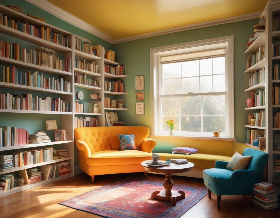 A cozy reading nook filled with colorful bookshelves, a steaming cup of tea, open books scattered about, and animated characters engaged in lively discussions. Soft sunlight streams through a window, casting a warm glow on the scene, highlighting the joy of sharing literary insights. Whimsical details like floating letters and book pages add a magical touch. vibrant colors. painting.