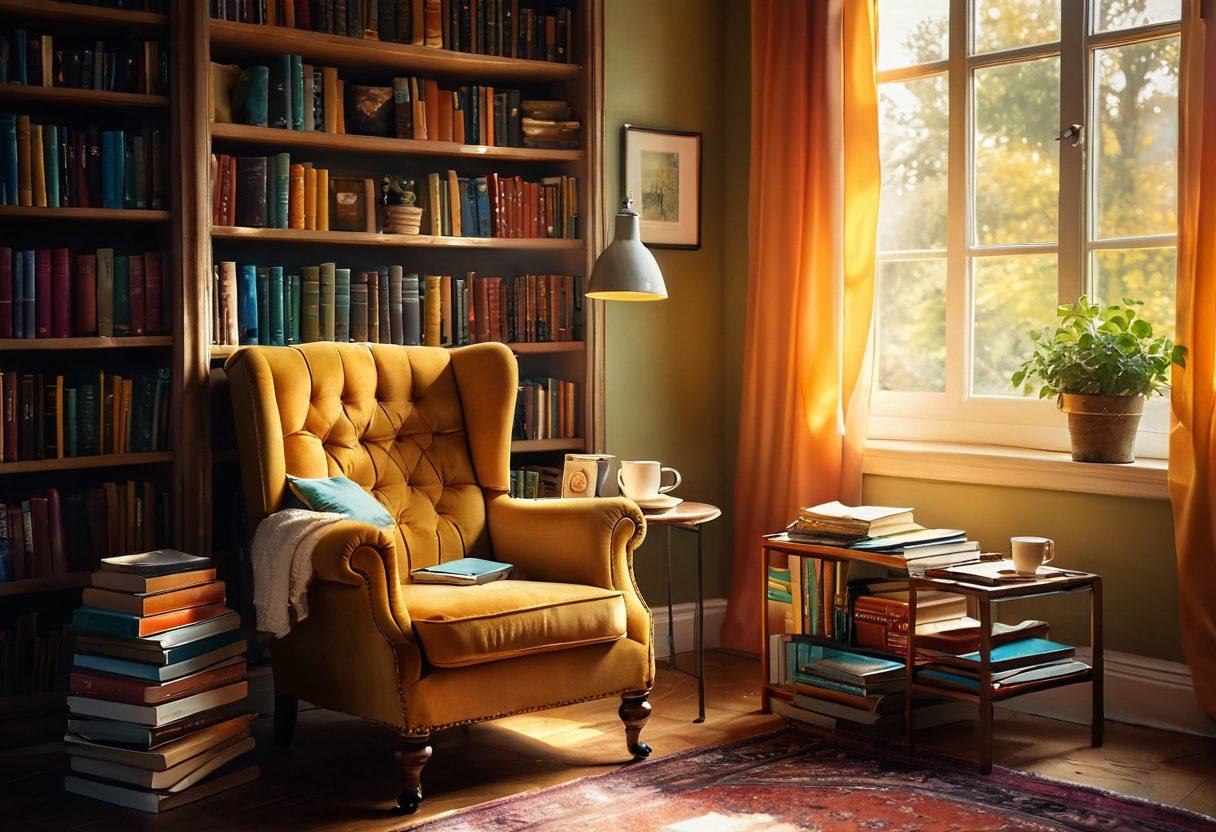 An enchanting bookshelf overflowing with colorful books, bathed in warm sunlight, a cozy armchair nearby with a steaming cup of tea on a small table, whimsical illustrations of smiling characters floating around the books. soft focus, warm tones, inviting atmosphere, cozy home setting. super-realistic. vibrant colors.