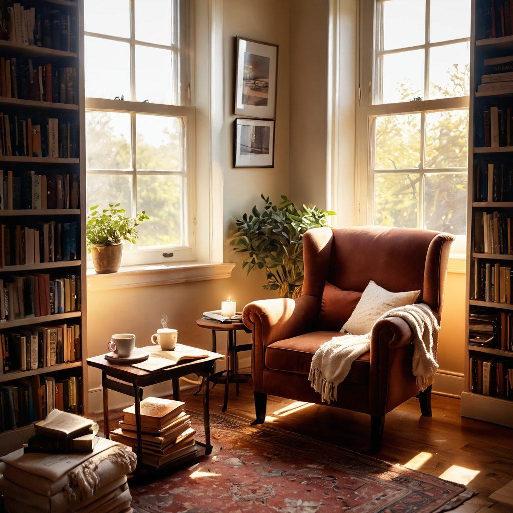A cozy reading nook with a plush armchair, surrounded by stacked books, a steaming cup of tea on a small table, and soft sunlight streaming through a window. In the background, a bookshelf filled with diverse literature and framed artwork that embodies storytelling. Include subtle visual elements like open books with glowing text and a dreamy atmosphere. super-realistic. warm colors. soft focus.